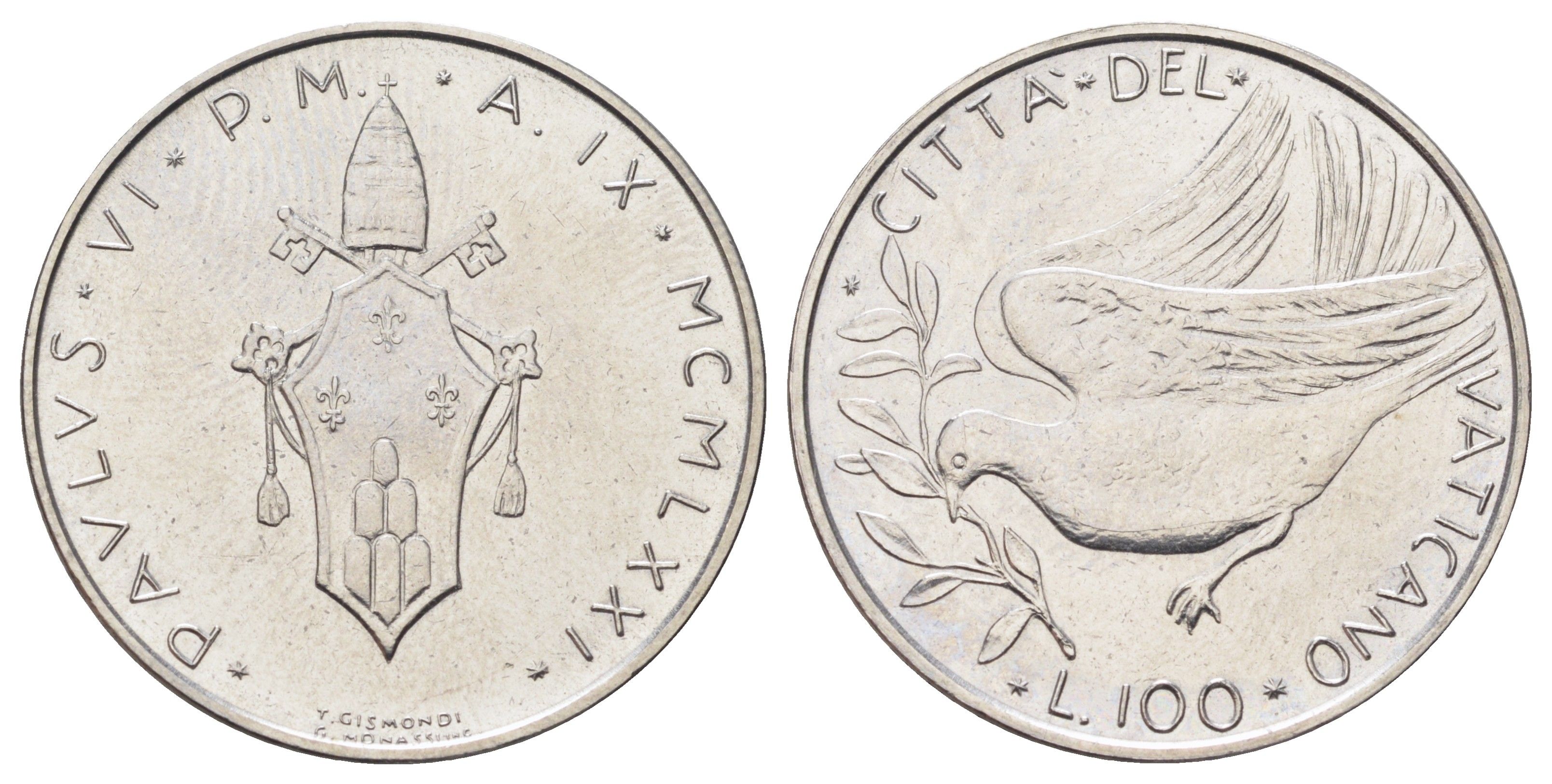 Ватикан 100 лир 1971 MCMLXXI KM 122 нержавеющая сталь UNC 4700-652