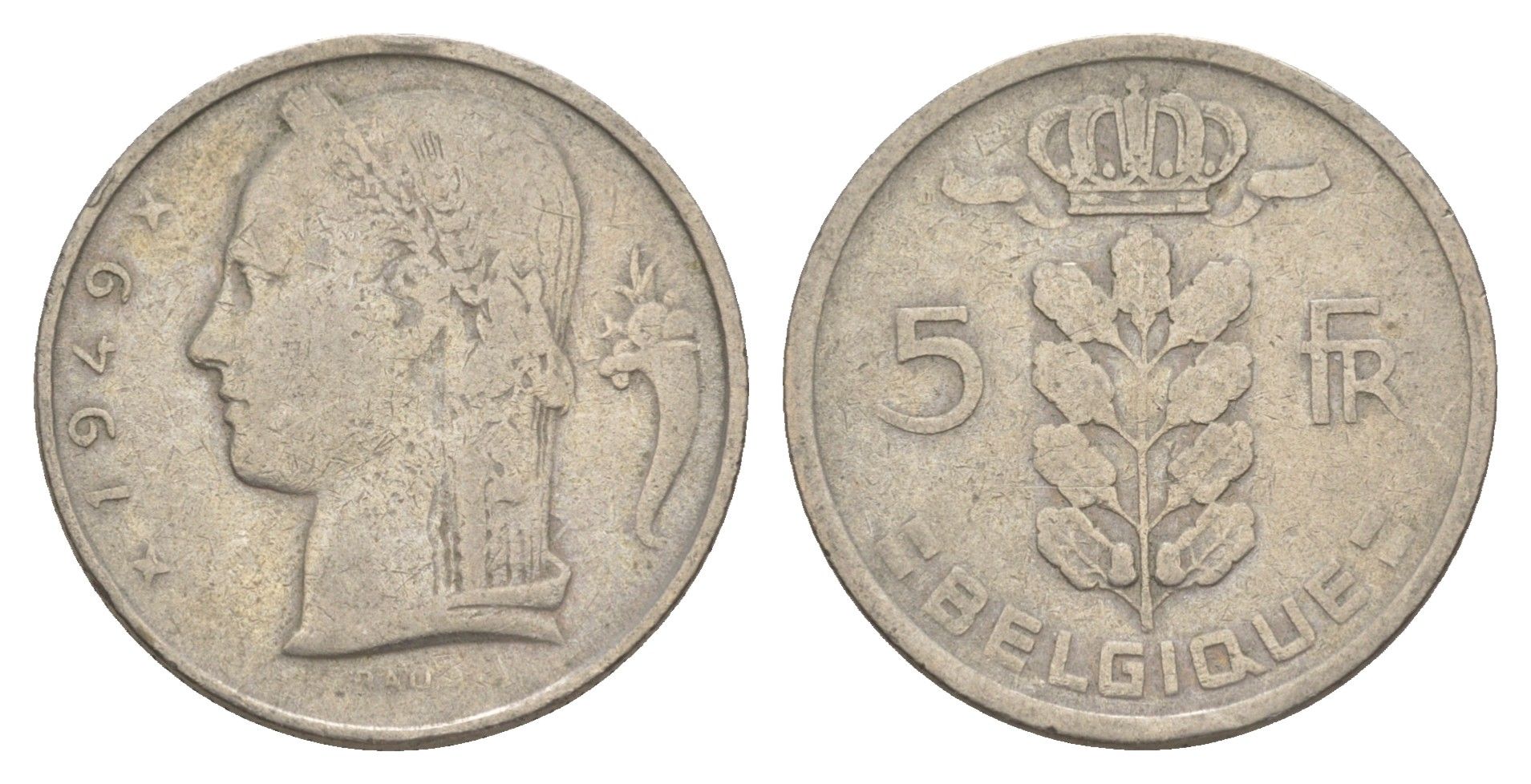 Бельгия 5 франков 1949 Belgique, Леопольд III (1934-1951) KM 134 медно-никель 4539-141