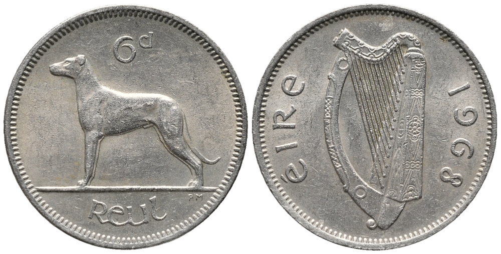 ИРЛАНДИЯ 6 ПЕНСОВ 1968 СОБАКА KM 13а медно-никель 34-923