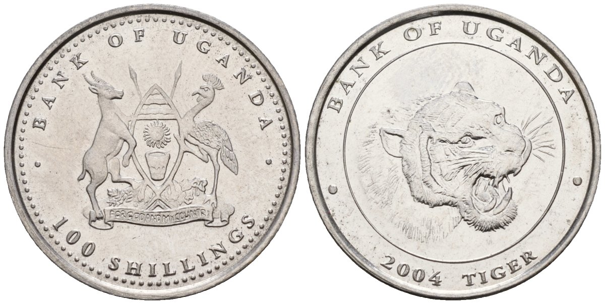Уганда 100 шиллингов 2004 серия лунный календарь, год тигра KM 140 сталь UNC M58-01