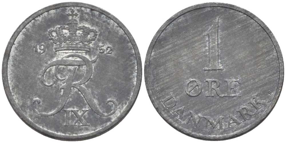 ДАНИЯ 1 ЭРЕ 1952 N; S, ФРЕДЕРИК IX (1947-1972) KM 839.1 цинк 4387-249