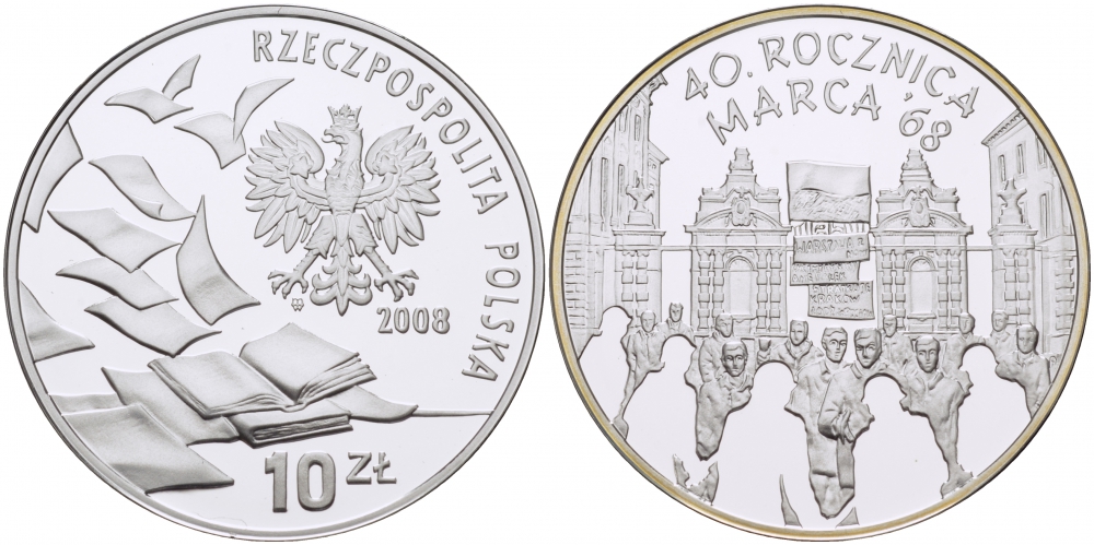 Польша 10 злотых 2008 40 лет студенческого марша 1968 года KM 632 серебро PROOF 1096-2-34