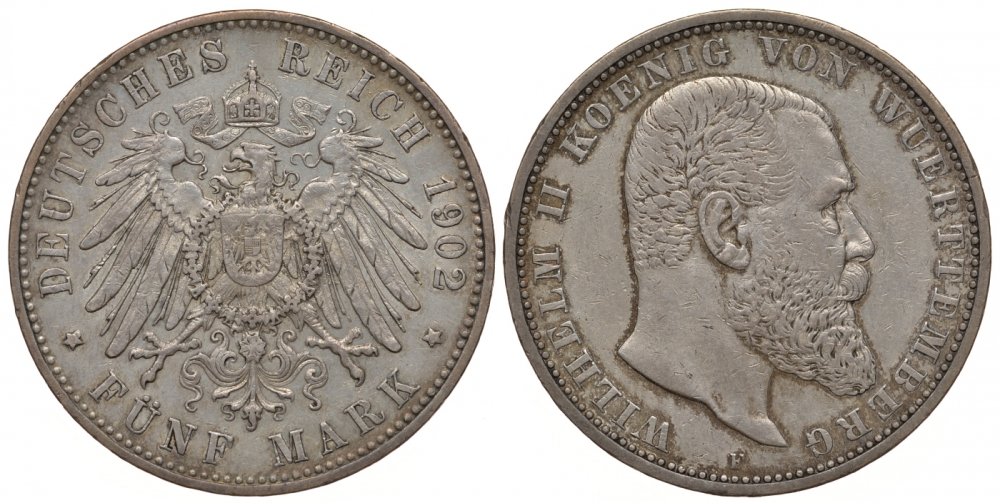 Вюртемберг 5 марок 1902 F, Вильгельм II (1891-1918) Weege 172, J. 176, KM 632 серебро 00-1067-1-42