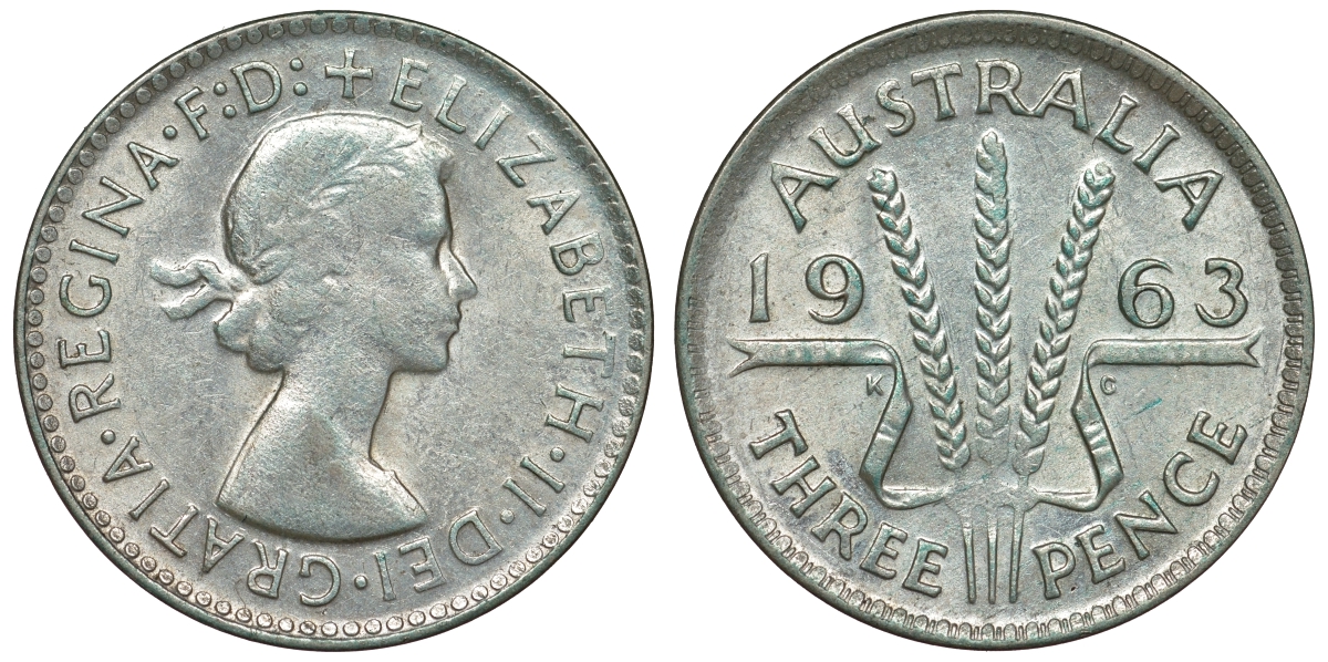 Австралия 3 пенса 1963 m, Елизавета II (1952-2022) KM 57 серебро 71-844