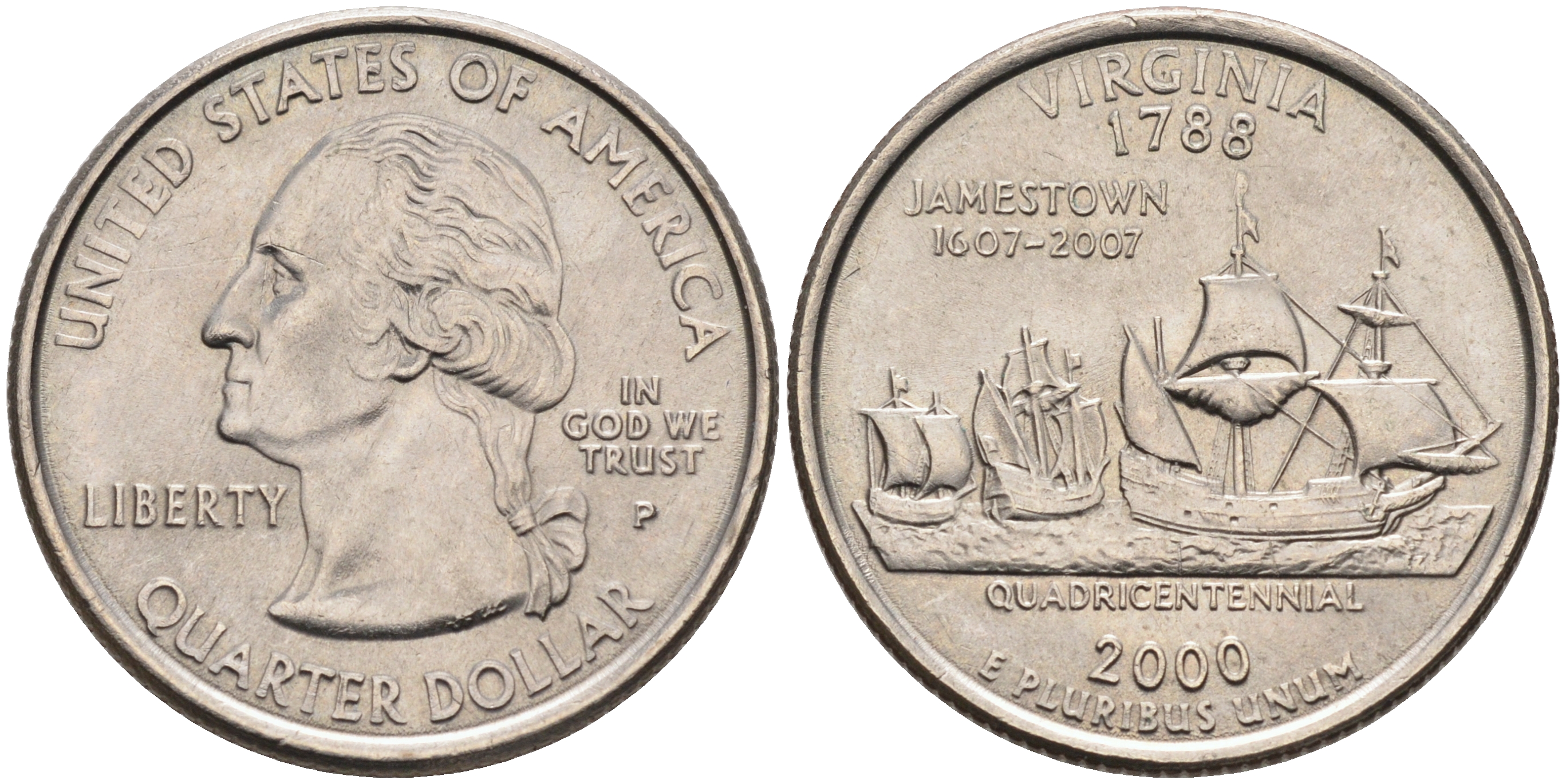 США 25 центов = квотер 2000 Р, серия штаты США, Вирджиния KM 309 медь плакированная медно-никелем UNC 4589-246