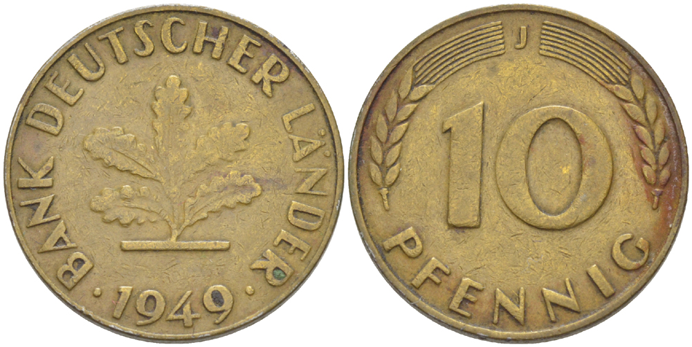 ФРГ 10 ПФЕННИГОВ 1949 J KM 103, J. 378 сталь плакированная латунью 4182-731