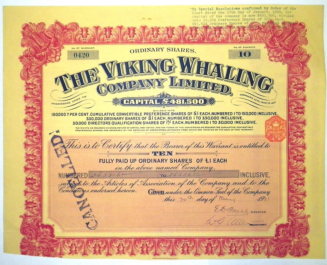 Великобритания The Viking Whaling Company Limited , китобойная компания 10 обыкновенных акций в 1 фунт 1931 бумага 5553-5