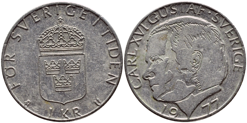 Швеция 1 крона 1977 Карл XVI Густав (1973- ) KM 852 медь плакированная медно-никелем 4397-812