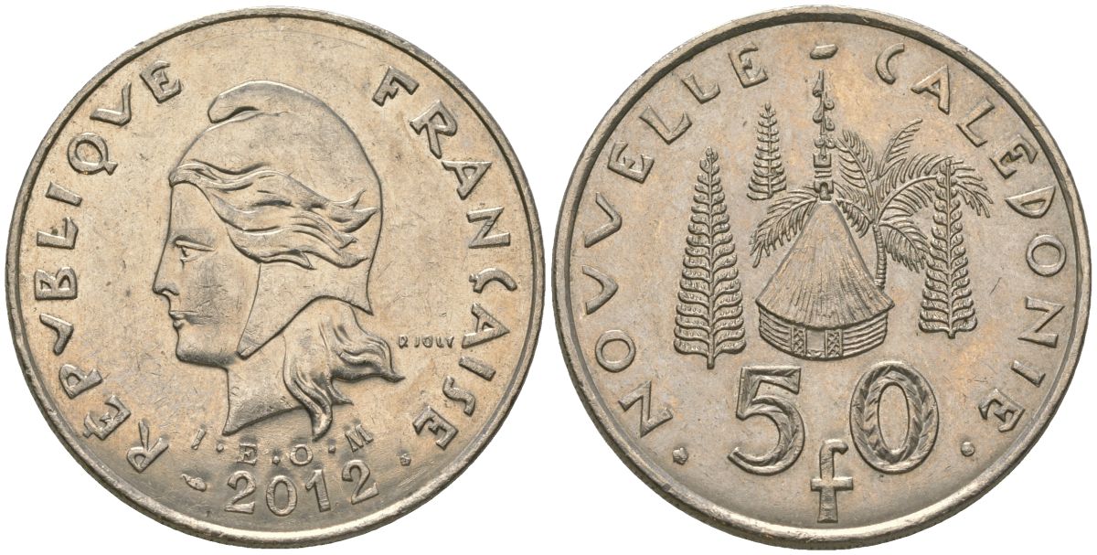 Французская Новая Каледония 50 франков 2012 хижина среди сосен и пальм, (IEOM) KM 13a, Schoen 15a, Lec 128i медно-никель 115-1043