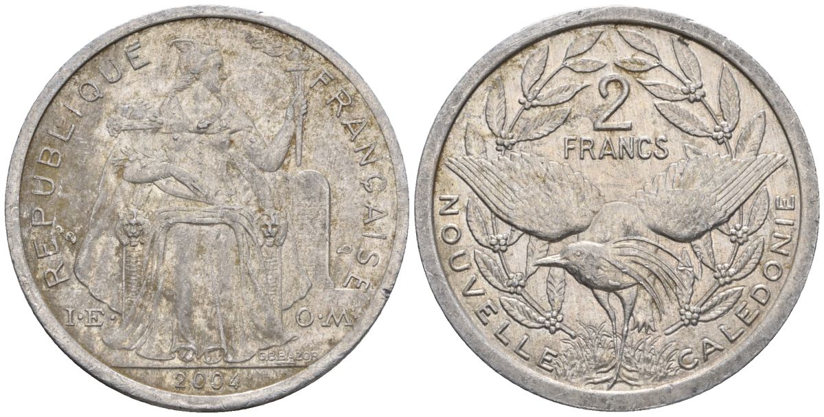 Французская Новая Каледония 2 франка 2004 птица кагу, (IEOM) KM 14, Schoen 11, Lec 68i алюминий    25-1642
