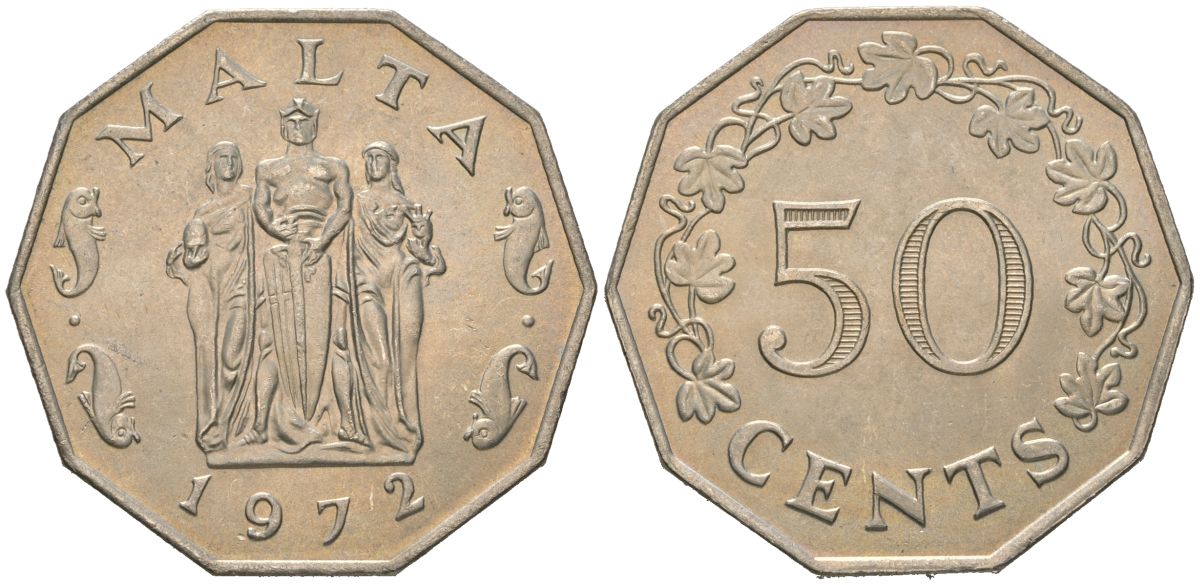 Мальта 50 центов 1972 памятник великой осаде в столице Валлетте KM 12 медно-никель aUNC 4607-533