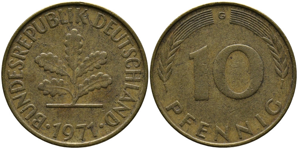 ФРГ 10 ПФЕННИГОВ 1971 G KM 108, J. 383 сталь плакированная латунью 33-125