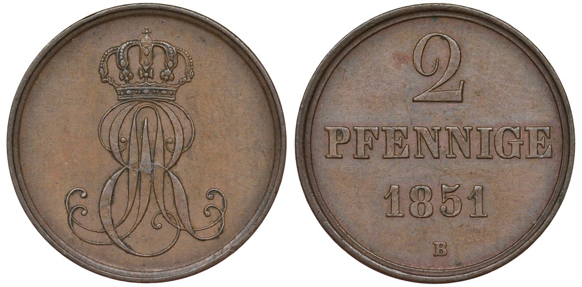 Ганновер 2 пфеннига 1851 B, Эрнст Август (1837-1851) KM 202.1, AKS 124, J. 75 медь 72-422
