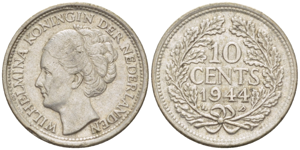 Нидерланды 10 центов 1944 Вильгельмина (1890-1948) KM 163 серебро aUNC 66-1261