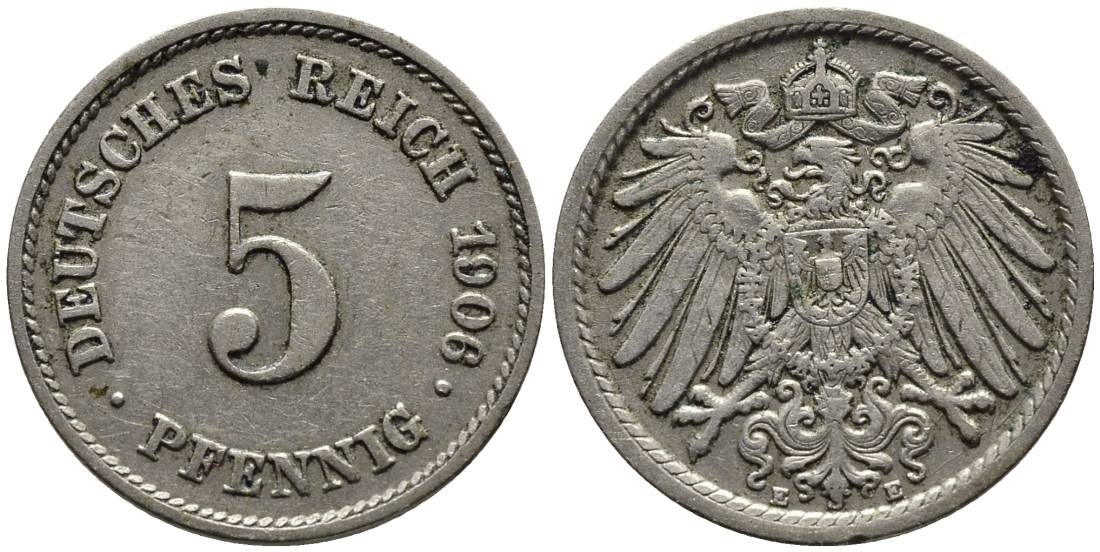 ГЕРМАНИЯ 5 ПФЕННИГОВ 1906 E KM 11, Jager 12, Weege 6 медно-никель 4547-452