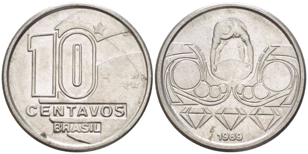 Бразилия 10 сентаво 1989 золотодобыча KM 613 нержавеющая сталь 112-431