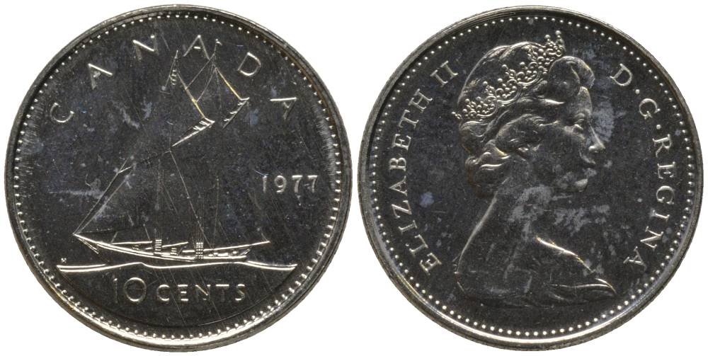 Канада 10 центов 1977 Елизавета II (1952-2022), парусник KM 77.1 никель UNC 218-811