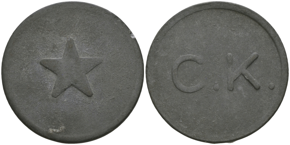 ФРАНЦИЯ ЖЕТОН, ТОКЕН ND ПЛАТЕЖНЫЙ ЖЕТОН НАЧАЛА XX ВЕКА, НА АВЕРСЕ С.К., НА РЕВЕРСЕ ПЯТИКОНЕЧНАЯ ЗВЕЗДА В ЦЕНТРЕ , ДИАМЕТР 21,5 ММ. цинк 65-455