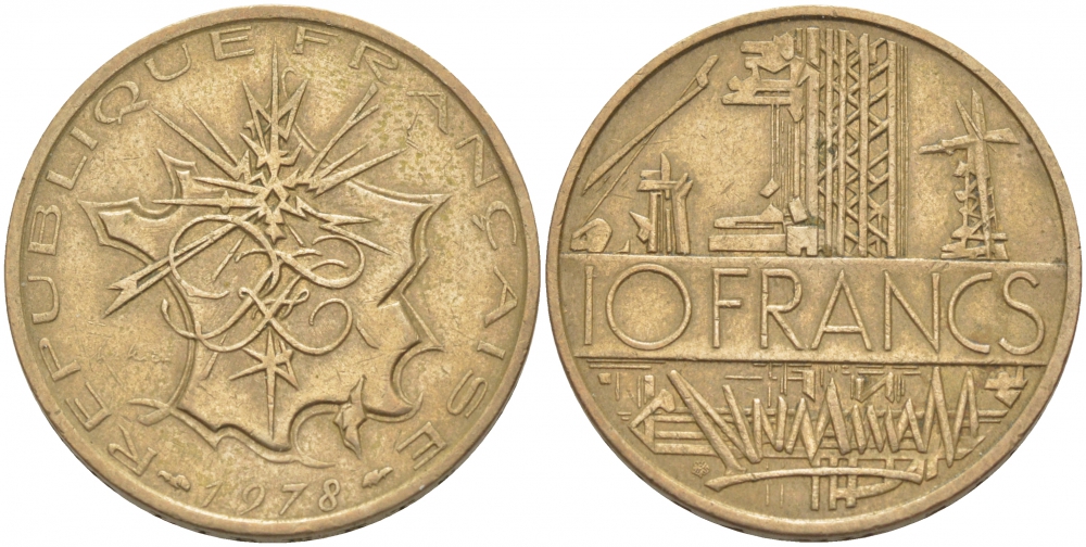 Франция 10 франков 1978 тип Матье KM 940, Le Franc 365.11-12 никель латунь 4402-1142