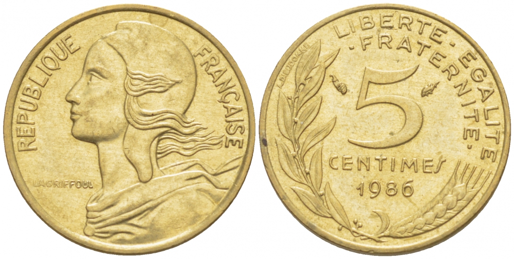 ФРАНЦИЯ 5 САНТИМОВ 1986 ТИП MARIANNE KM 933 медь алюминий никель 3309-1047