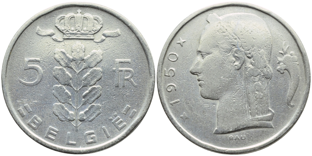БЕЛЬГИЯ 5 ФРАНКОВ 1950 BELGIE KM 135.1 медно-никель 3999-741