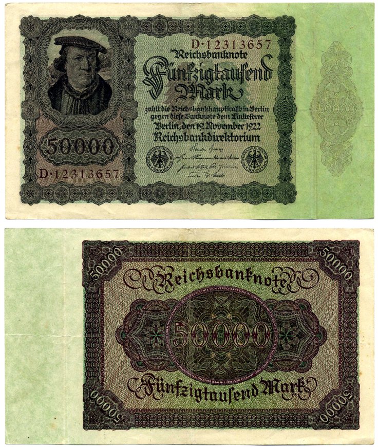 Германия 50000 марок 1922 19 ноября 1922, выпуск (ФЕВРАЛЬ 1923-5 июля 1925), номер восьмизначный, серия D 12313657 Pick 80, Роземберг 78 бумага 2194-6-2-2