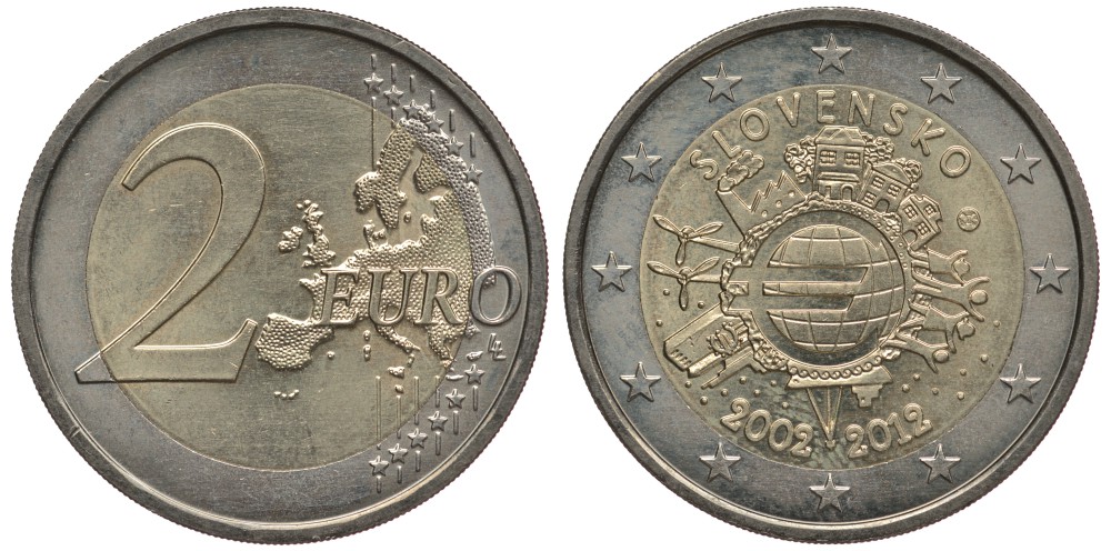 СЛОВАКИЯ 2 ЕВРО 2012 10 ЛЕТ НАЛИЧНОМУ ЕВРО KM 120 биметалл 4384-631