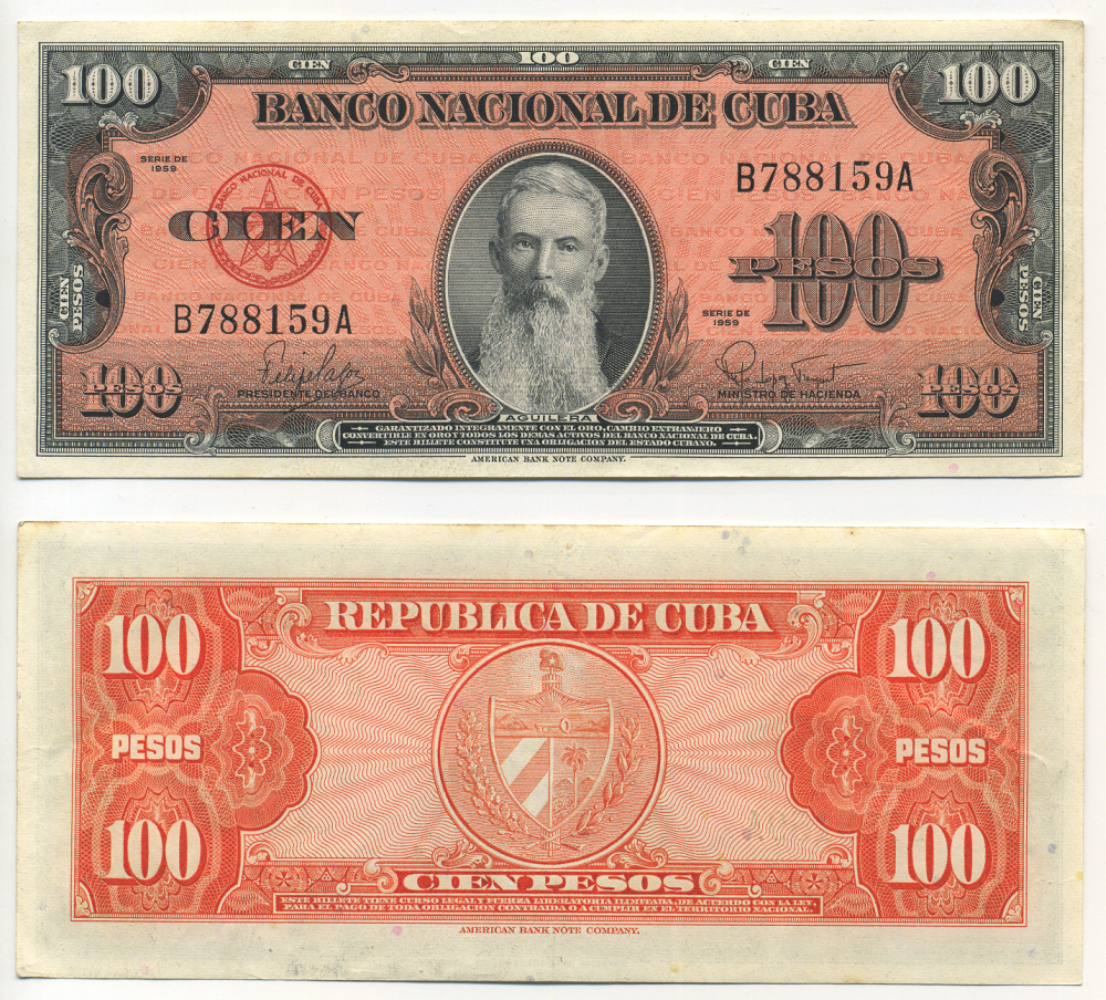 Куба 100 песо 1959 Висенте Агилера, черная серия Pick 93 a бумага аUNC 8622-43-2-2