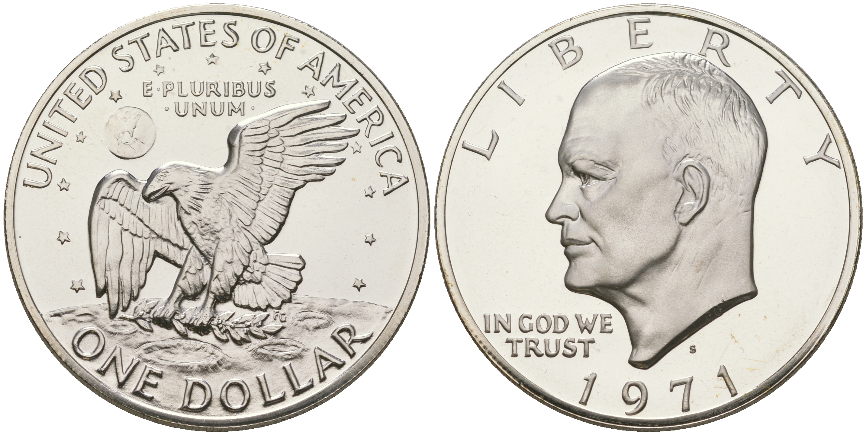 США 1 доллар 1971 S, Президент Эйзенхауэр, лунный орел KM 203a серебро  PROOF 1095-7-63