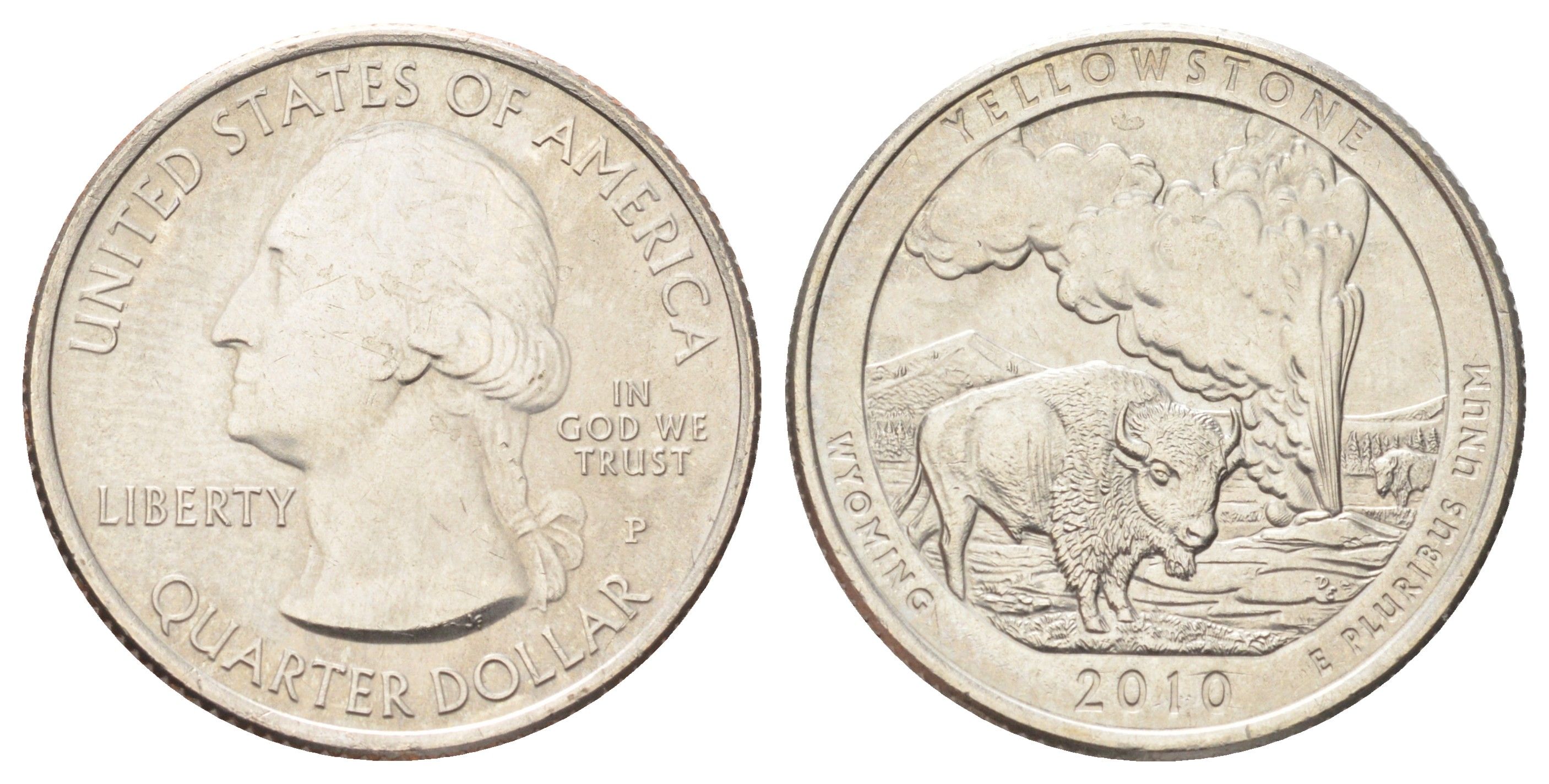 США 25 центов (квотер, 1/4 доллара) 2010 P, Квотеры «Парки США» - Национальный парк Йеллоустоун KM 470 медь плакированная медно-никелем UNC 4666-923