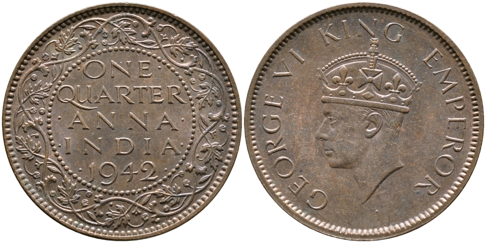 Британская Индия 1/4 анна 1942 Георг VI (1937-1952) KM 531 бронза aUNC 4178-516