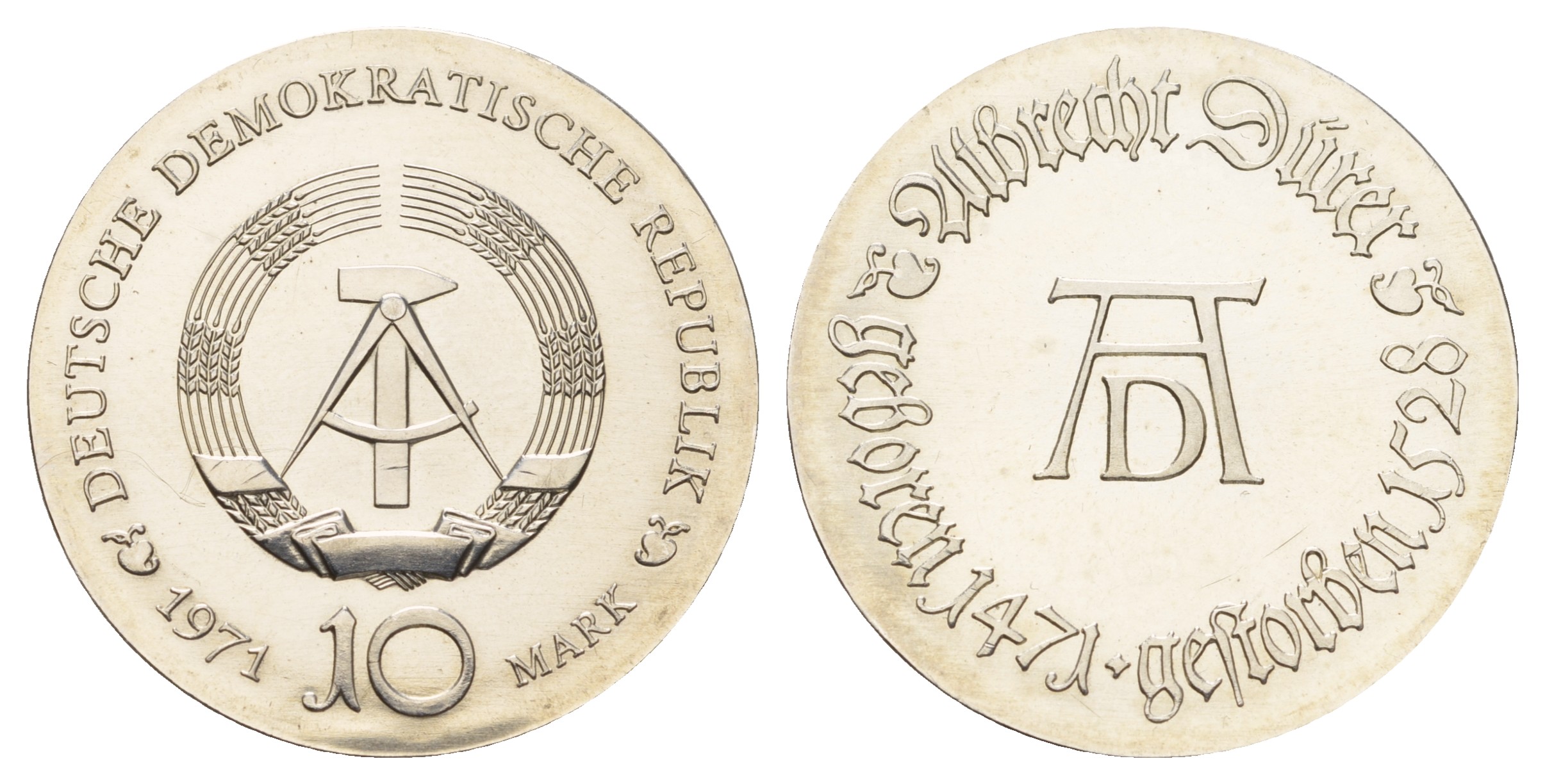ГДР 10 марок 1971 А, 500 лет со дня рождения Альбрехта Дюрера KM 31, J. 1532 серебро  UNC  1099-1-31
