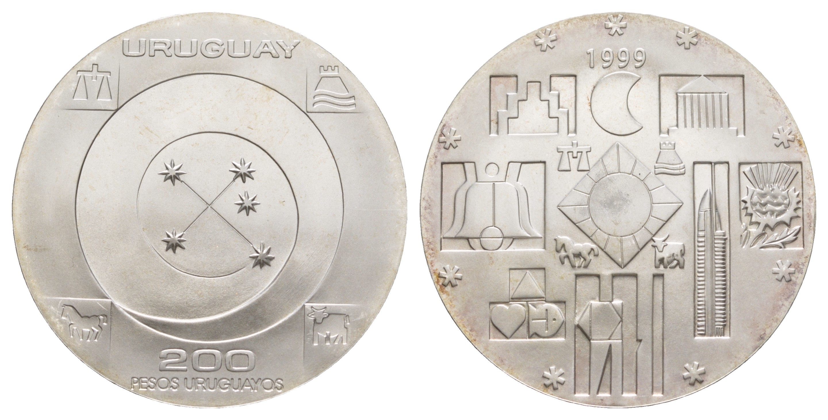Уругвай 200 песо 1999 миллениум KM 115 серебро  UNC  1091-10-52