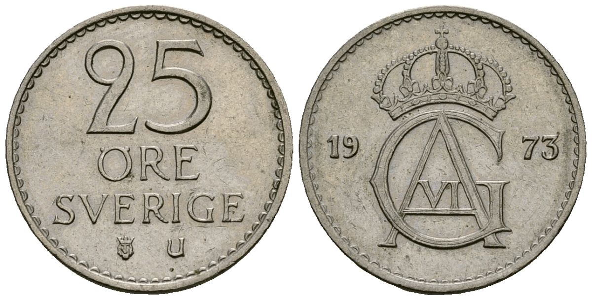 Швеция 25 эре 1973 Густав VI Адольф (1950-1973) KM 836 медно-никель 4173-1039