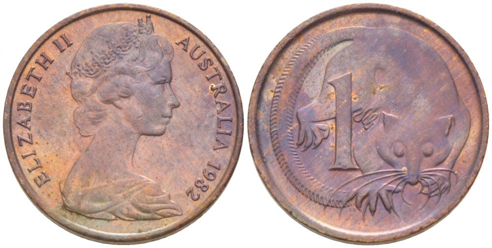 АВСТРАЛИЯ 1 ЦЕНТ 1982 ЕЛИЗАВЕТА II, МОЛОДОЙ ПОРТРЕТ, ОПОССУМ KM 62 бронза 3955-462