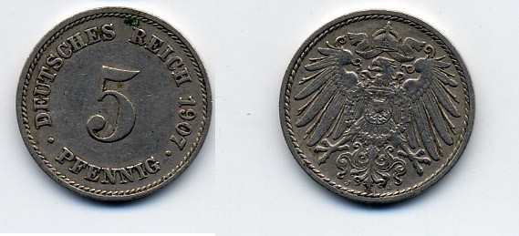 ГЕРМАНИЯ 5 ПФЕННИГОВ 1907 J, KM 11, J. 12 медно-никель 84-1661