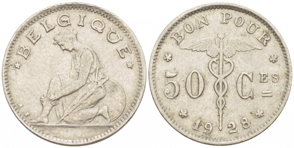 БЕЛЬГИЯ 50 САНТИМОВ 1928 BELGIQUE KM 87 никель 261-1625