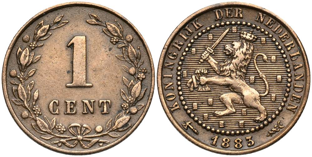 НИДЕРЛАНДЫ 1 ЦЕНТ 1883 ВИЛЛЕМ II (1849-1890) KM 107 бронза 4549-1032