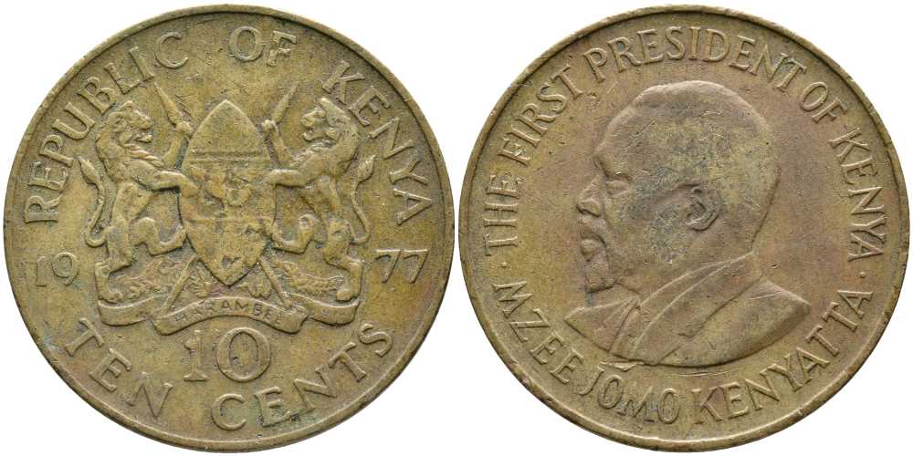 Кения 10 центов 1977 Джомо Кениата KM 11 никель латунь 111-116