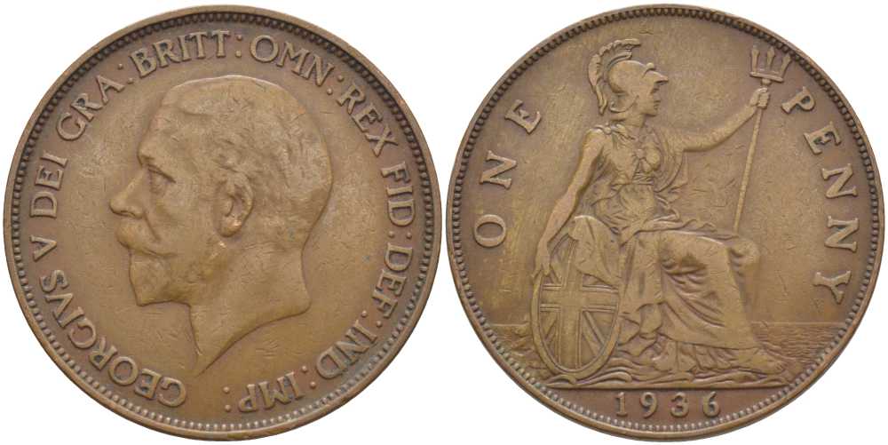 Великобритания 1 пенни 1936 Георг V (1910-1936) KM 838, Spink 4055 бронза 115-321