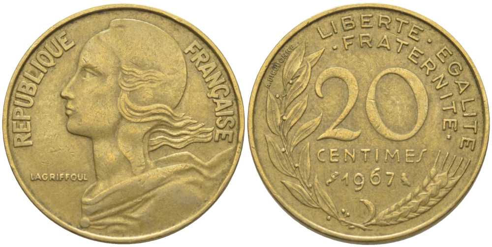 ФРАНЦИЯ 20 САНТИМОВ 1967 ТИП MARIANNE KM 930, LE FRANC 156.7 медь алюминий никель 175-826