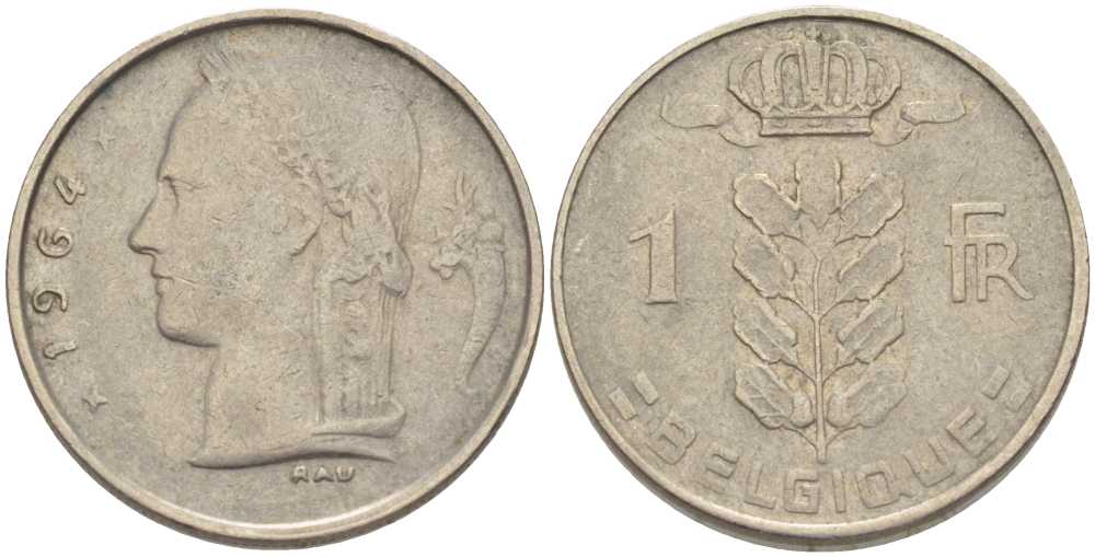 БЕЛЬГИЯ 1 ФРАНК 1964 BELGIQUE, БОДУЭН I (1951-1993) KM 142.1 медно-никель 202-1023