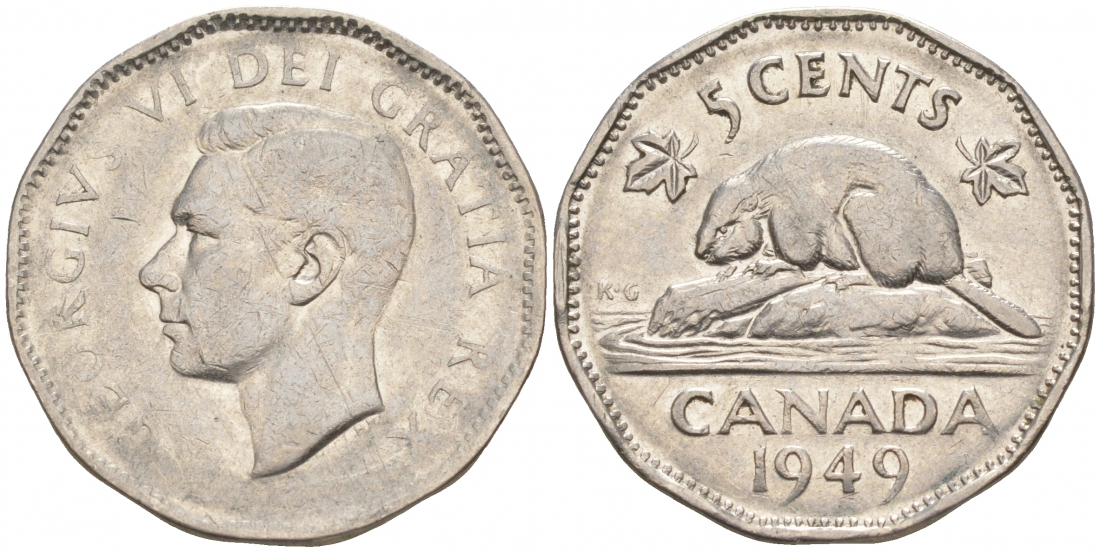 Канада 5 центов 1949 бобр, Георг VI (1937-1952) KM 42 никель 73-1323