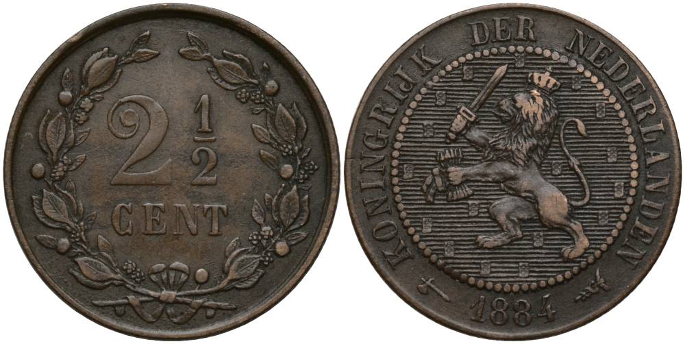 НИДЕРЛАНДЫ 2 1/2 ЦЕНТА 1884 ВИЛЬГЕЛЬМ III (1849-1890) KM 108 бронза 27-335