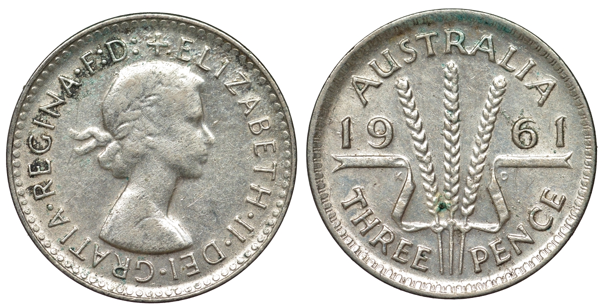 Австралия 3 пенса 1961 m, Елизавета II (1952-2022) KM 57 серебро 71-668