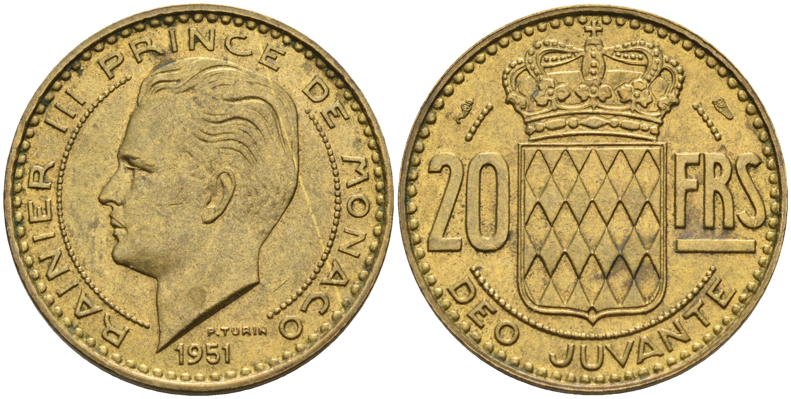 Монако 20 франков 1951 Ренье III (1949-2005) KM 131 алюминиевая бронза   4142-114