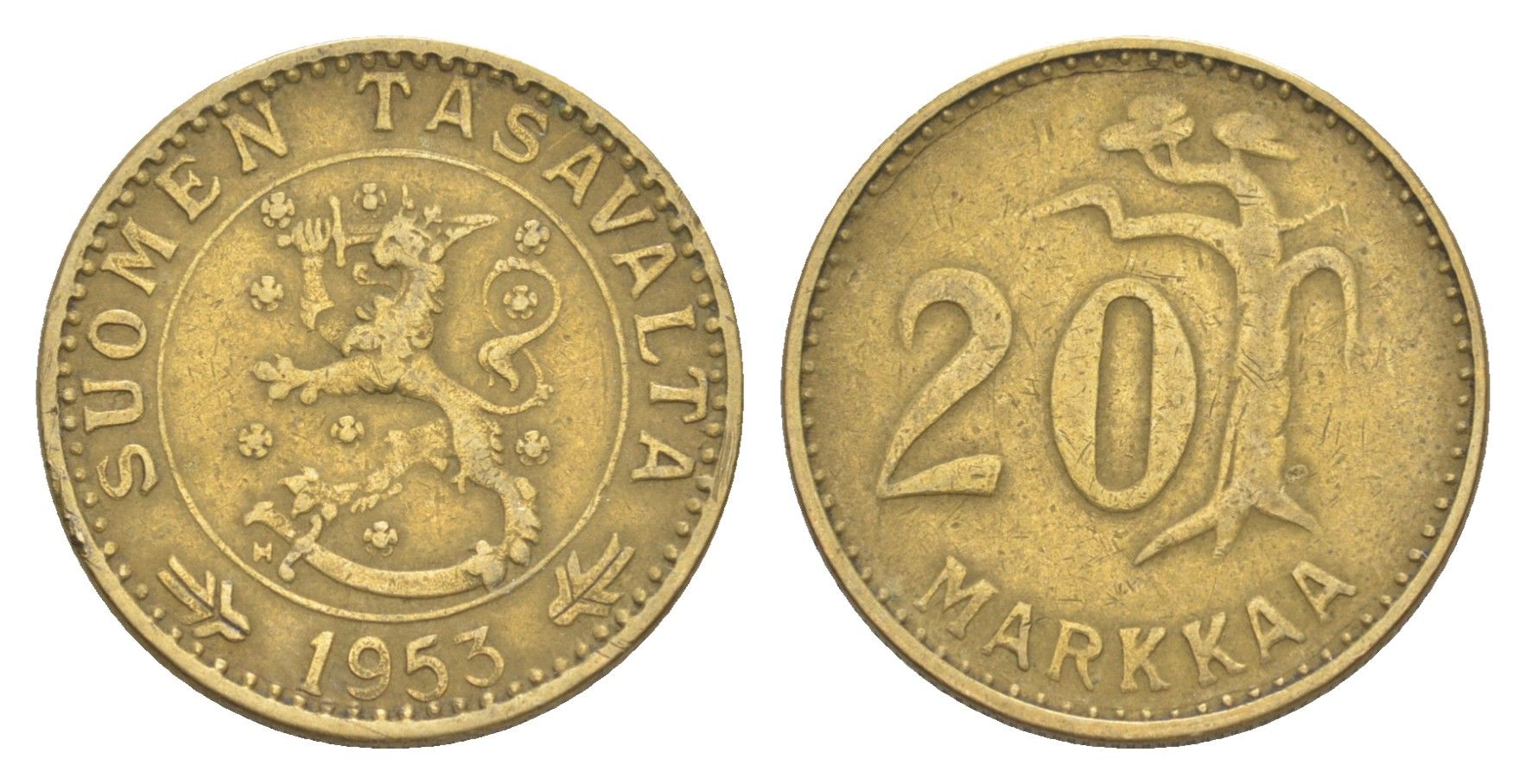 Финляндия 20 марок 1953 KM 39 алюминиевая бронза 4648-642