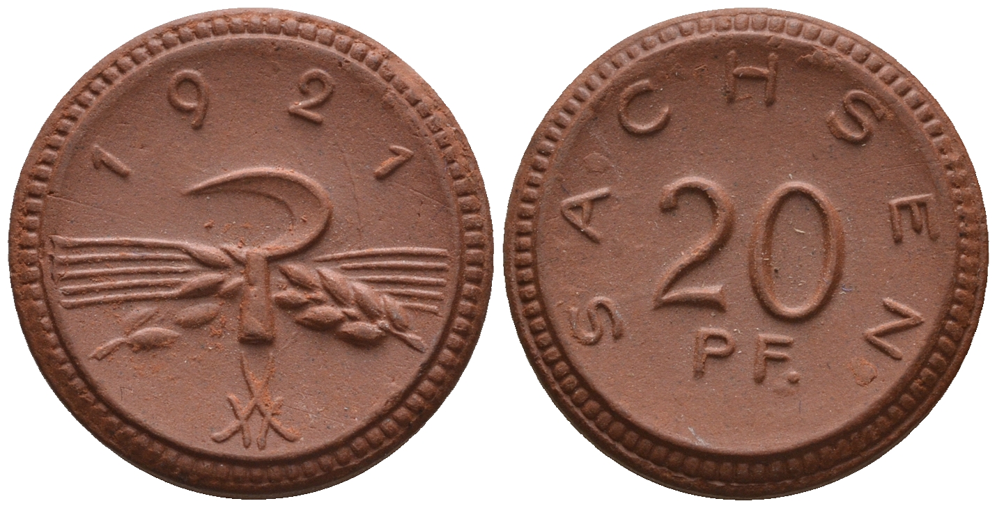 Саксония 20 пфеннигов 1921 колосья и серп J. N 53 фарфор UNC 1094-8-82