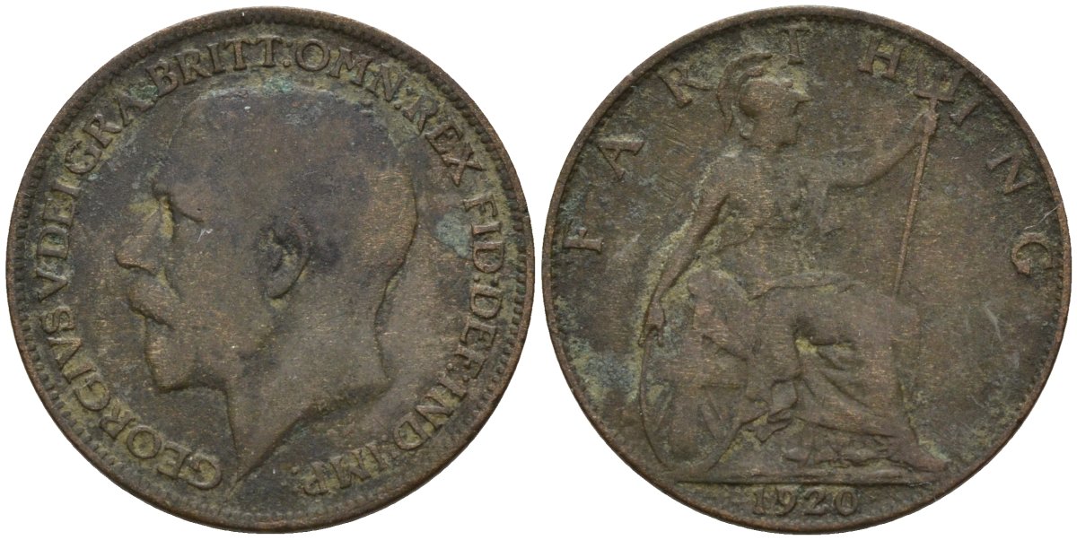 Великобритания 1 фартинг 1920 Георг V (1910-1936), светлая отделка KM 808.2, Spink 4060 бронза 4596-947