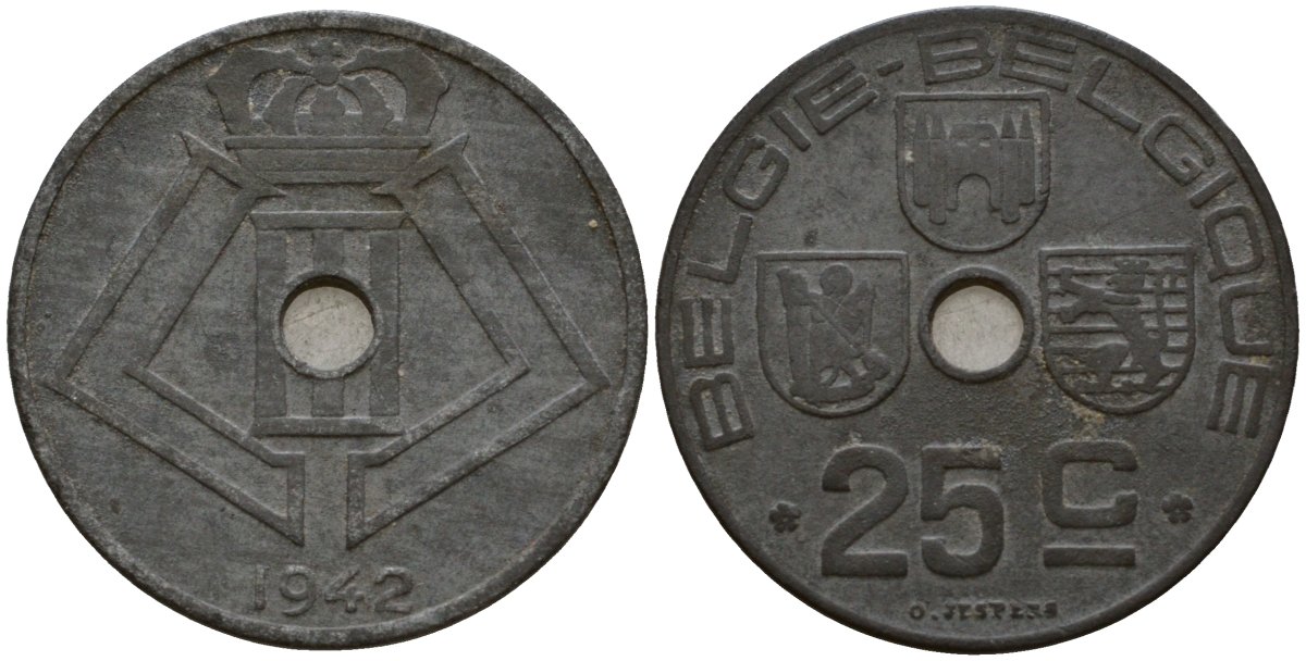 Бельгия 25 сантимов 1942 Belgie - Belgique KM 132 цинк 33-1217